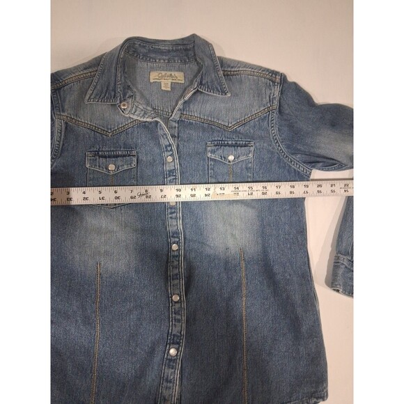 VTG 90s Y2K Cabela's Western Denim Jean Shirt Pearl Snap Rodeo Womens Med Cotton - Picture 4 of 6
